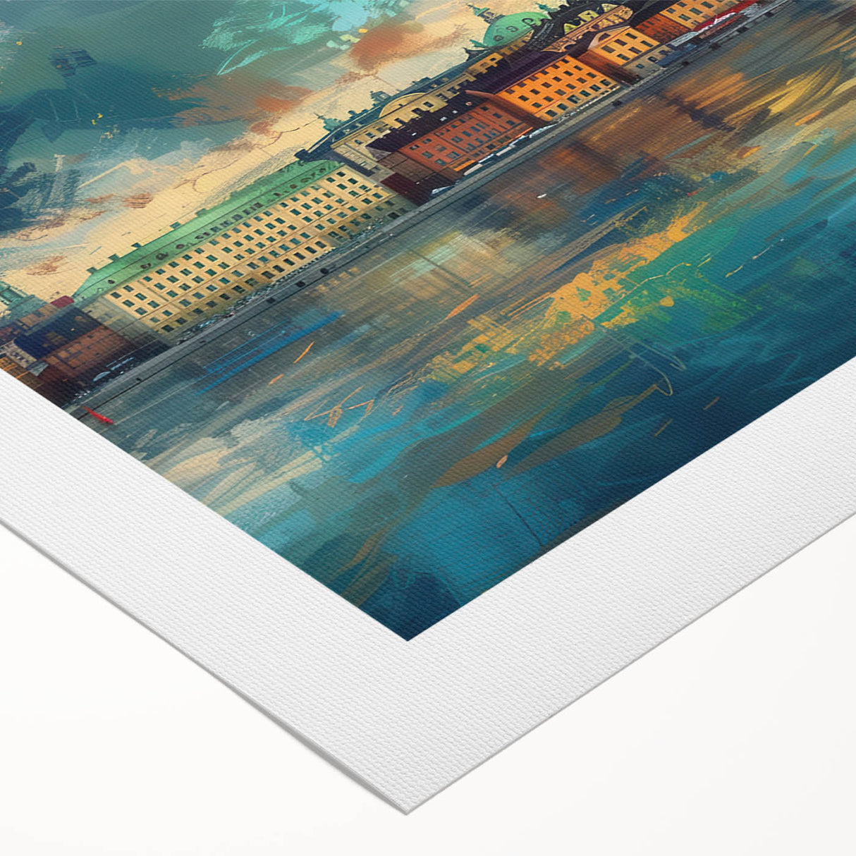 Art deco poster of Stockholm scenery in muted blue and yellow tones on rolled canvas, suitable for dining room wall art.