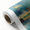 Art Deco poster of Stockholm skyline in pastel blue and yellow, rolled canvas, ideal for nursery wall art.