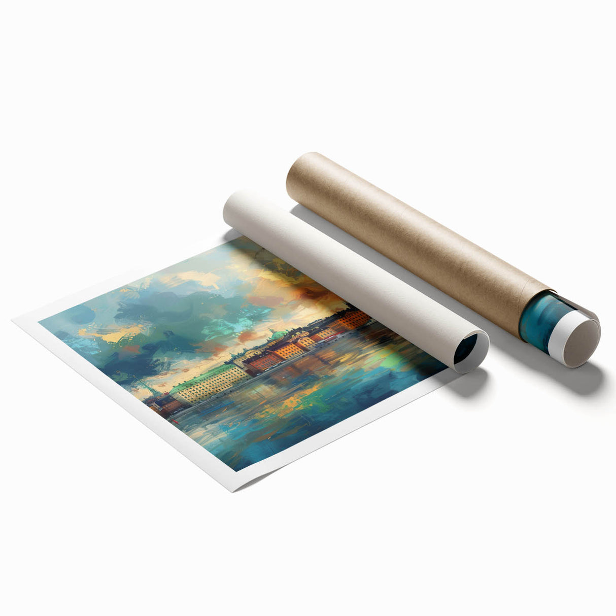 Extra large rolled print of Stockholm scenery with floral accents in muted tones, ideal for classy bathroom wall art.