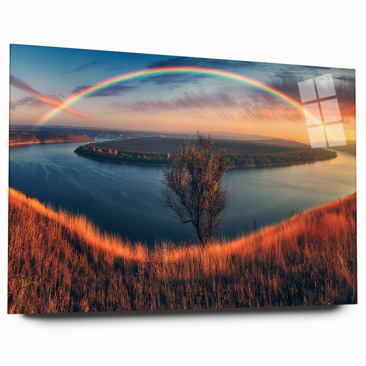 Large abstract wall art of a European scenery in pastel shades on acrylic glass, ideal for bedroom or dining room decor.