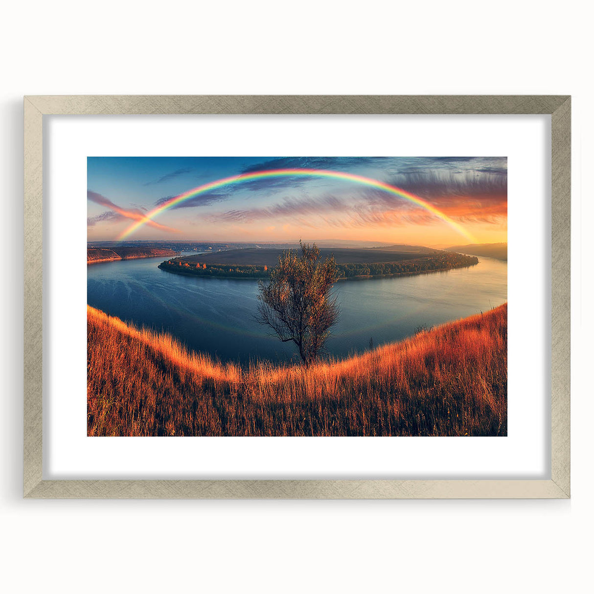 Textured abstract art print depicting a European landscape in muted earth tones on a framed silver mat.