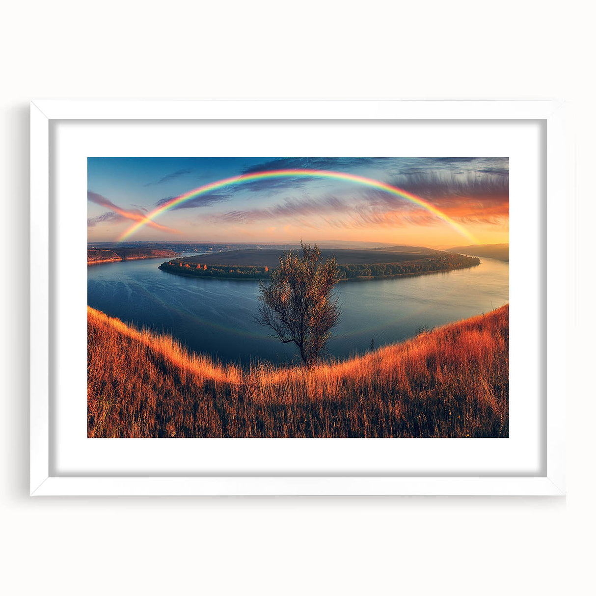 Abstract art print of a European landscape in muted green and blue tones, framed with a white mat.