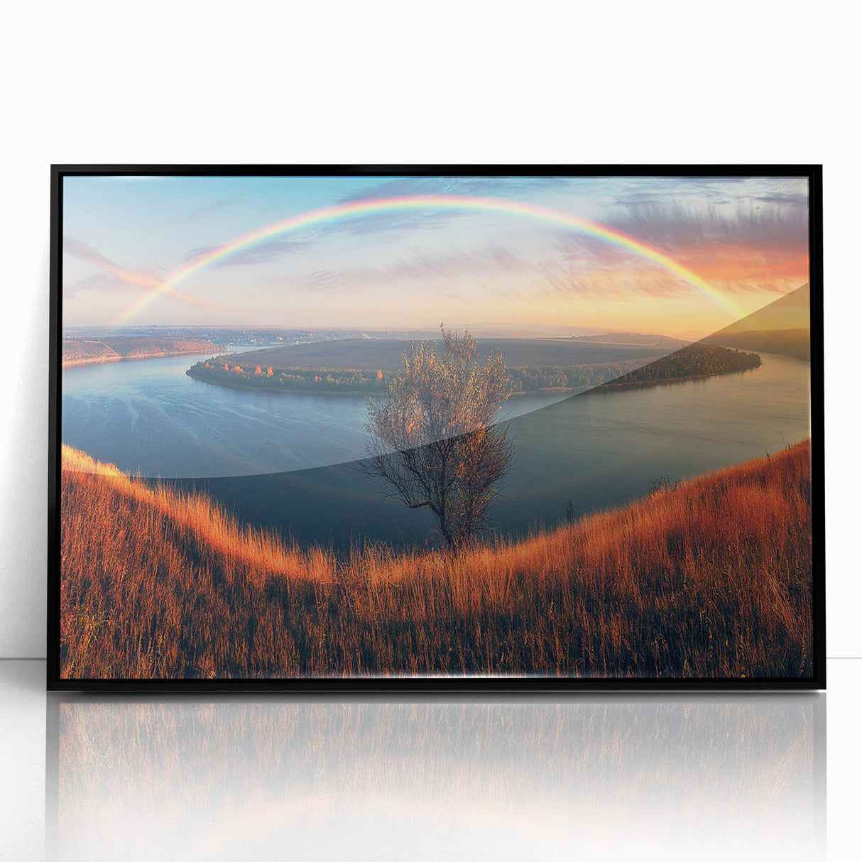 Large abstract wall art featuring vibrant hues of blue and orange, framed in black acrylic.