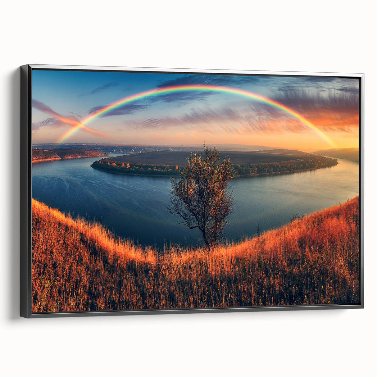 Black and white landscape painting of a European countryside on framed canvas, ideal for bedroom decor.