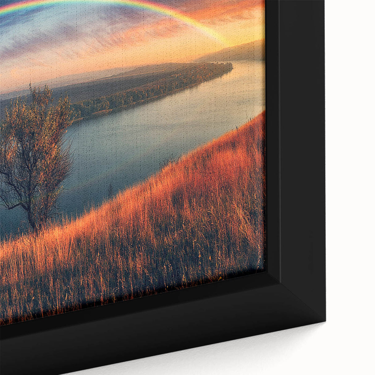 Extra large black wall art depicting a textured European scenery in vibrant colors on a framed canvas.