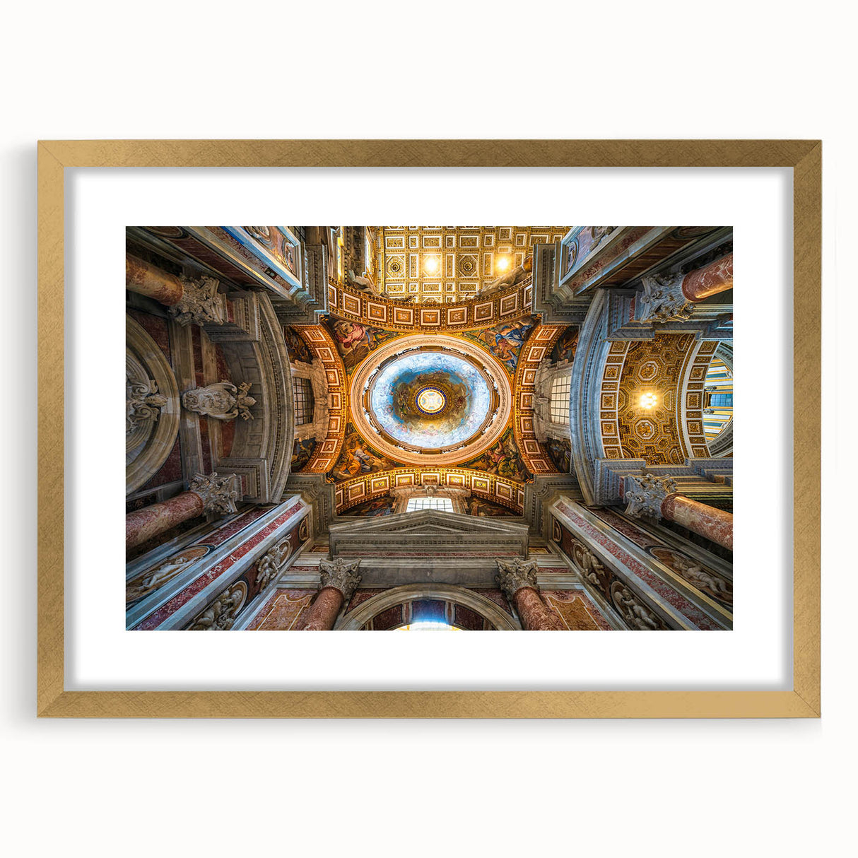 Extra large abstract art print of the Vatican scenery in textured gold frame, ideal for living room decor.