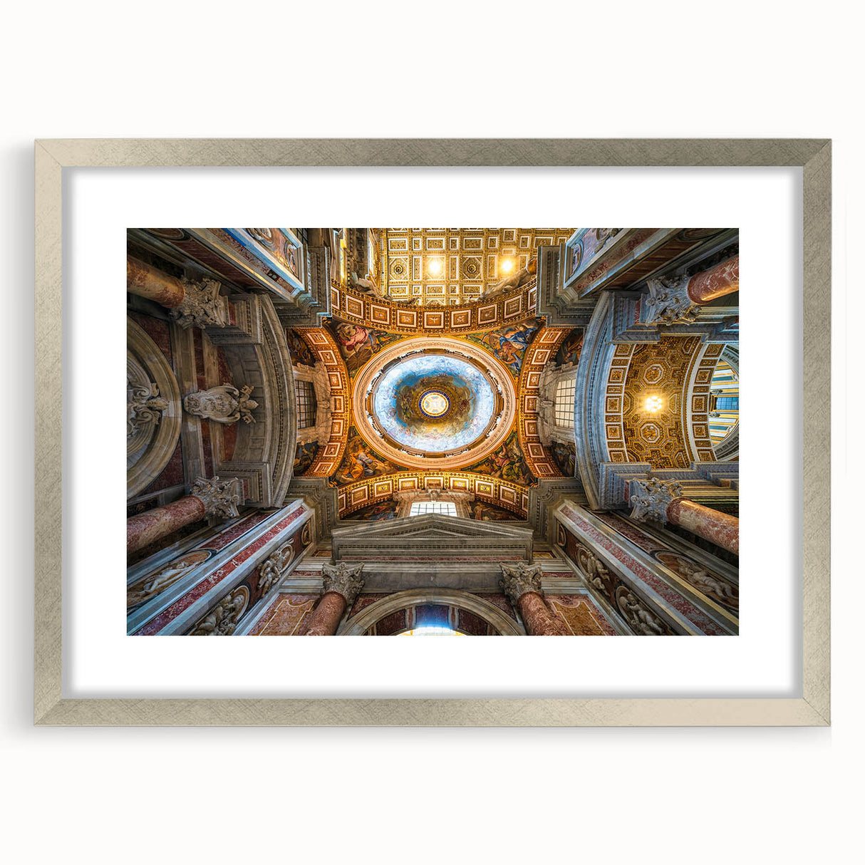 Textured art of the Vatican scenery in muted earth tones on a framed print, suited for bedroom decor.