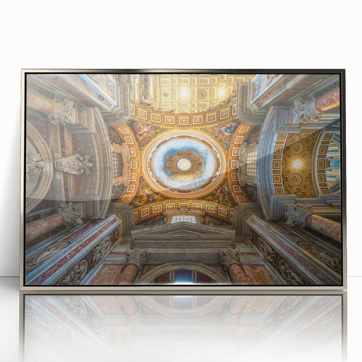Mid-century modernist art depicting the Vatican, in muted earth tones on a framed acrylic.
