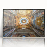 Mid-century modernist art depicting the Vatican, in muted earth tones on a framed acrylic.