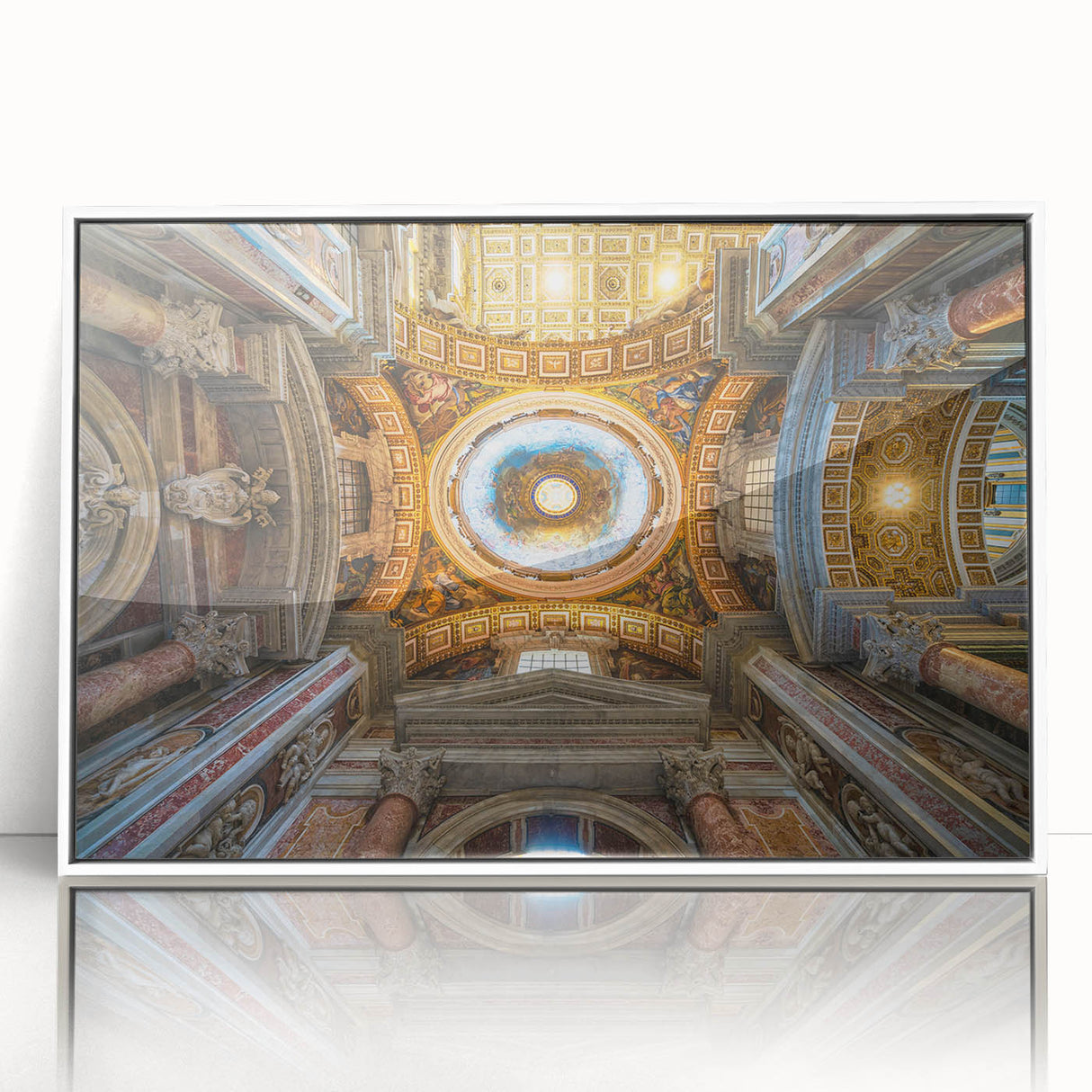 Acrylic print of the Vatican scenery in muted earth tones, framed in white, suitable for modern art wall decor.