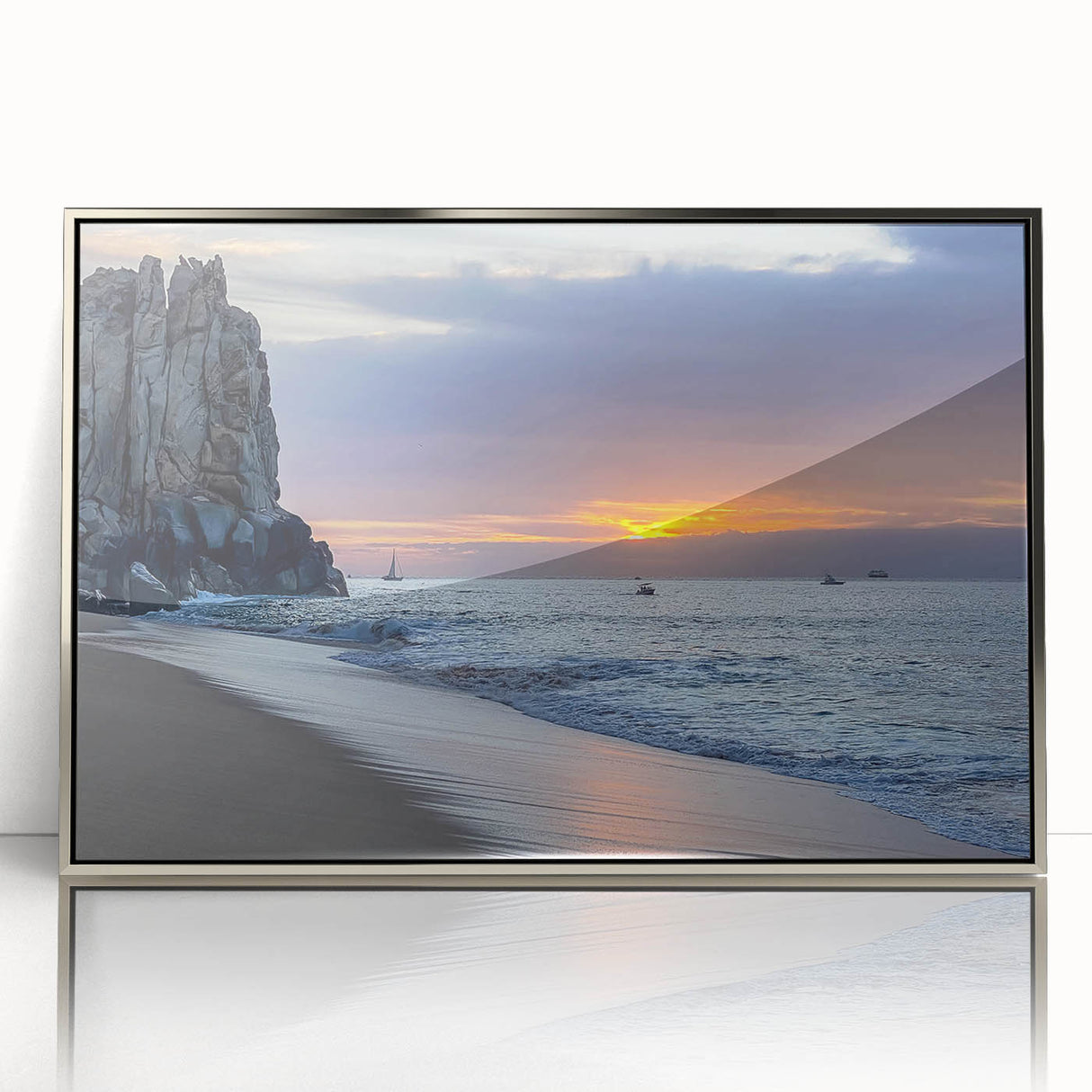 Mid-century modernist art depicting Baja California scenery in silver framed acrylic, ideal for modern art wall decor.