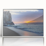 Art deco poster of Baja California scenery in muted blue and beige tones, framed acrylic, ideal for modern art wall decor.