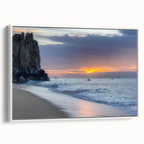 Vintage poster art of Baja California scenery on a framed canvas, featuring vibrant colors against a black background.