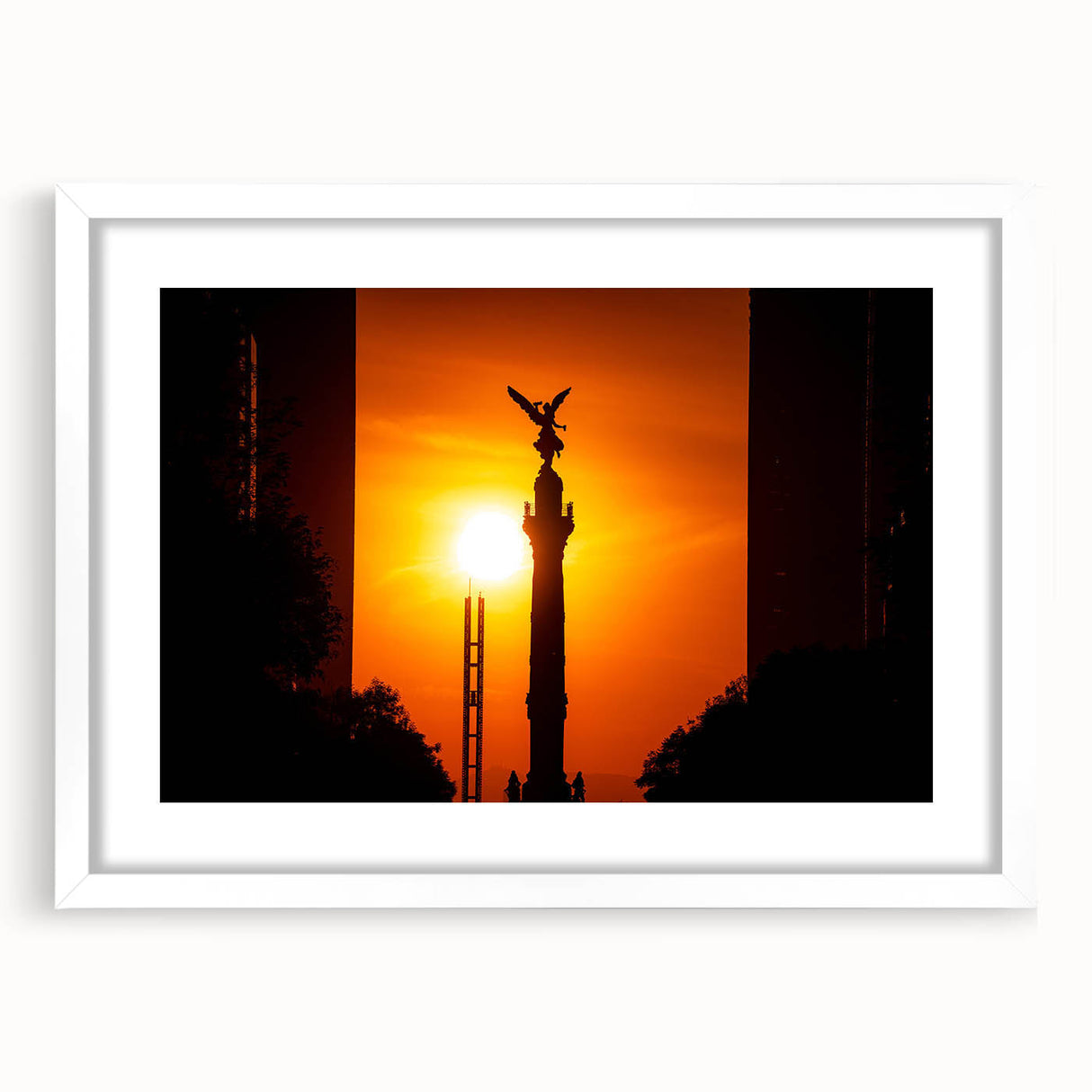 Abstract art print of Mexico City in muted blue and green tones, framed with a white mat, suitable for dining room decor.