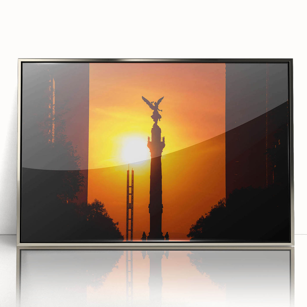 Mid-century modernist art depicting Mexico City with vibrant colors on a silver-framed acrylic print.