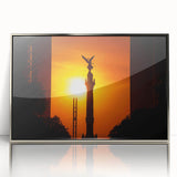 Mid-century modernist art depicting Mexico City with vibrant colors on a silver-framed acrylic print.