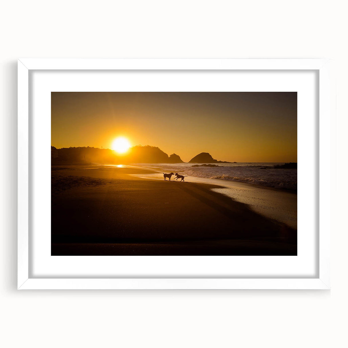 Abstract art print of Oaxaca scenery in muted earth tones on a white matted frame, suitable for dining room decor.