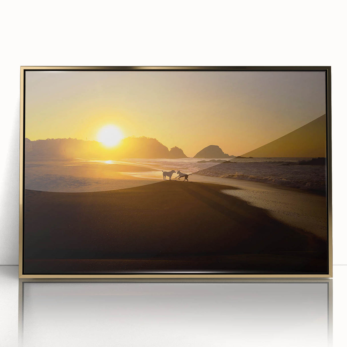 Large art print of Oaxaca scenery in mid-century modernist style, framed in gold acrylic, ideal for modern art wall decor.