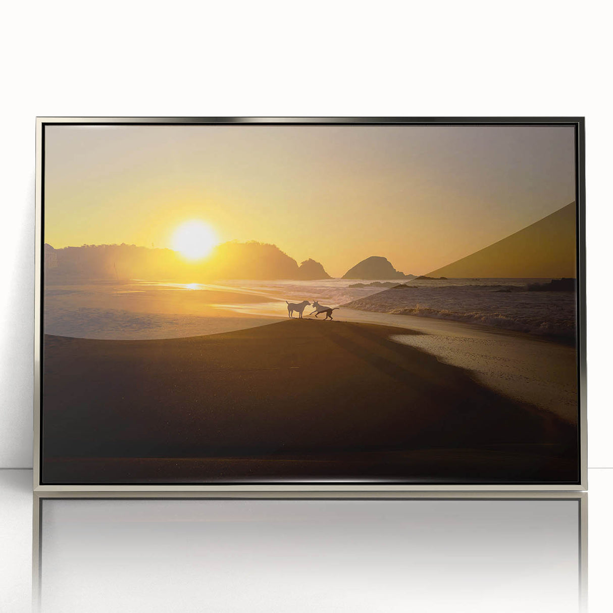 Mid-century modernist art depicting a serene Oaxaca landscape in earthy tones on a silver-framed acrylic print.