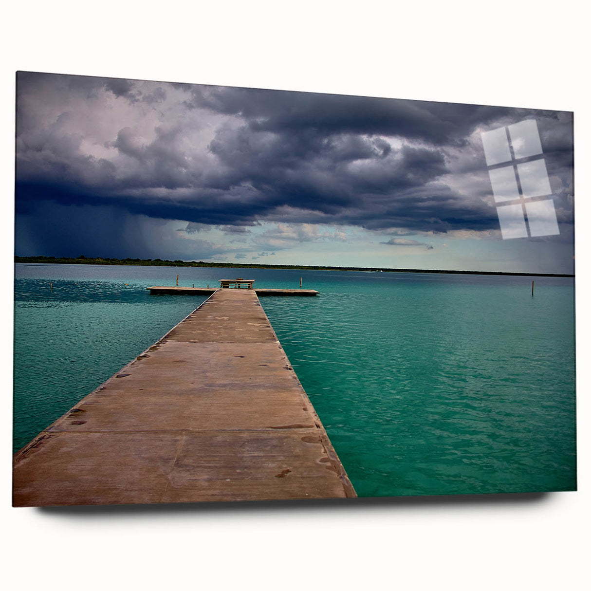 Large abstract wall art of Quintana Roo scenery on acrylic glass, in shades of blue and green.