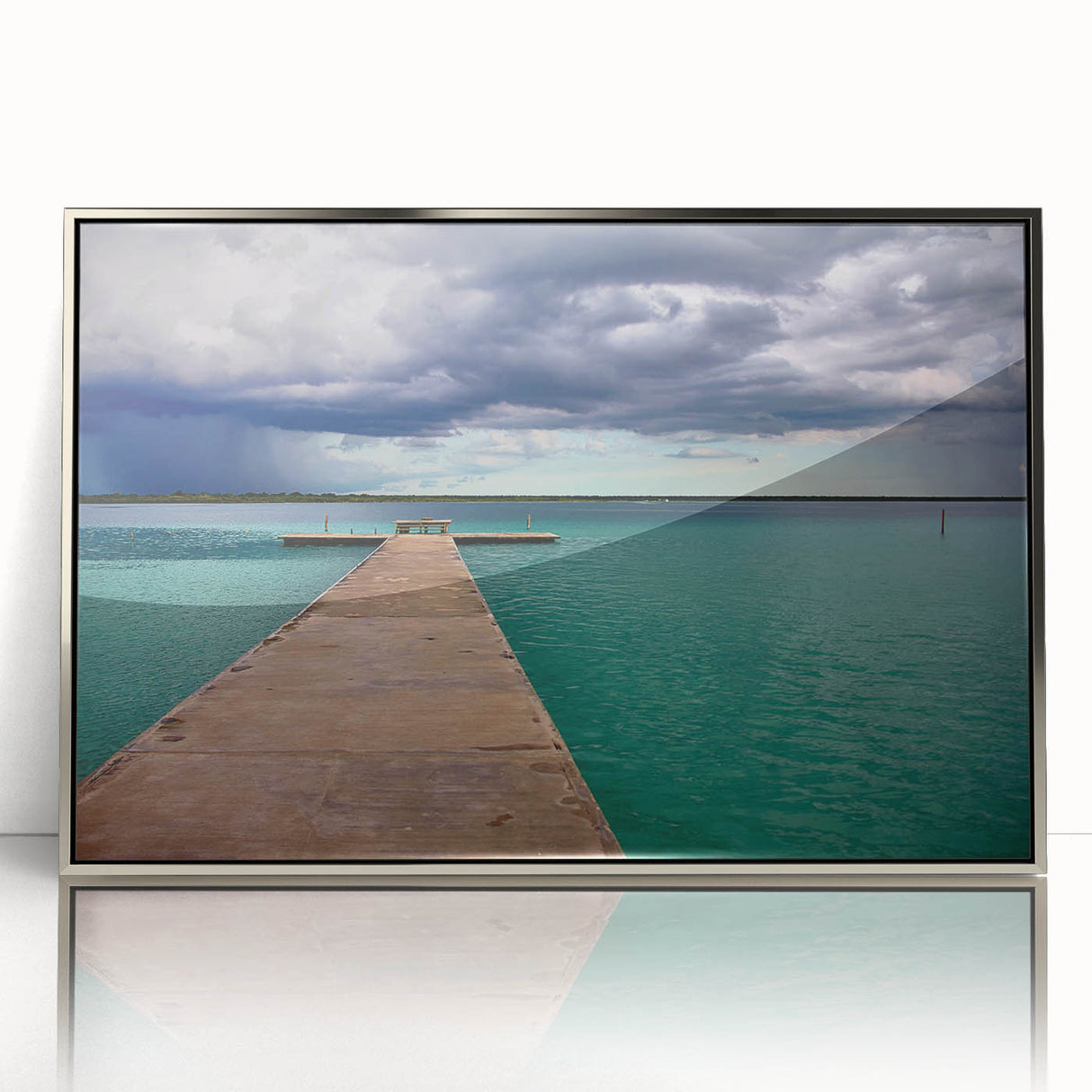 Mid-century modernist art depicting a serene Quintana Roo landscape in cool blue and green tones, framed in silver acrylic.