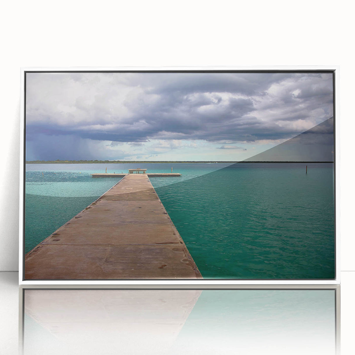Acrylic print of Quintana Roo scenery in art deco style with muted blue and green tones, ideal for modern nursery wall art.