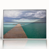 Acrylic print of Quintana Roo scenery in art deco style with muted blue and green tones, ideal for modern nursery wall art.