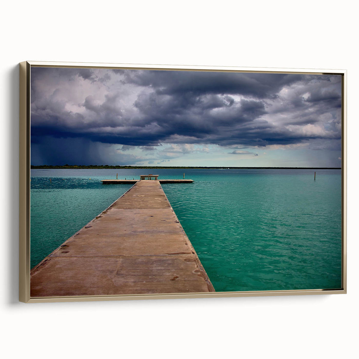 Framed canvas wall art depicting a vintage-style landscape of Quintana Roo, Mexico in black and gold tones.
