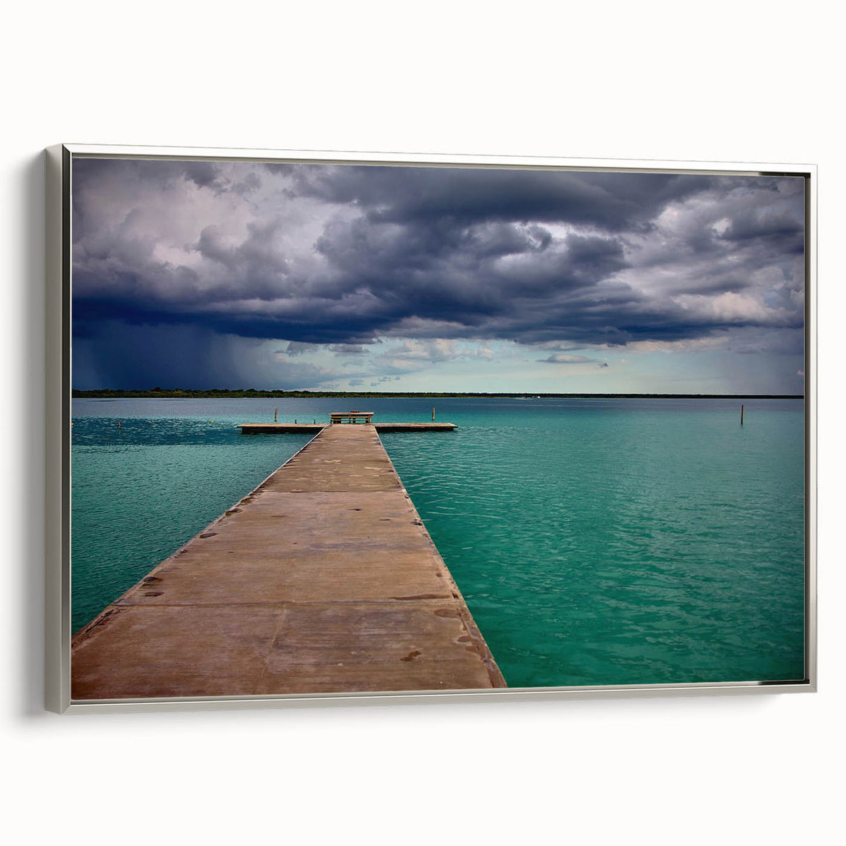 Framed canvas of a vintage-style landscape painting depicting Quintana Roo, Mexico, in colorful hues.