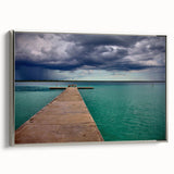 Framed canvas of a vintage-style landscape painting depicting Quintana Roo, Mexico, in colorful hues.