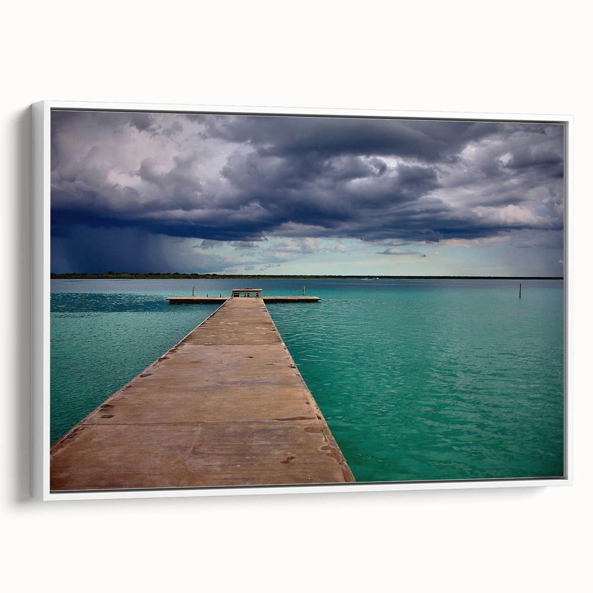 Vintage poster art of Quintana Roo scenery on a framed canvas, featuring colorful art with black accents.