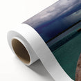 Art deco poster of Quintana Roo scenery on rolled canvas, featuring muted blue and green tones, ideal for nursery wall art.