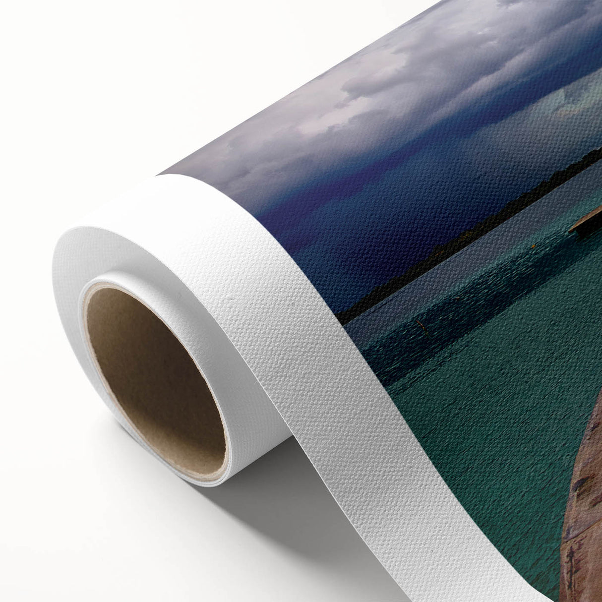 Art deco poster of Quintana Roo scenery on rolled canvas, featuring muted blue and green tones, ideal for nursery wall art.