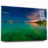 Large abstract wall art depicting Yucatan scenery in vibrant hues on acrylic glass, ideal for bedroom or dining room decor.