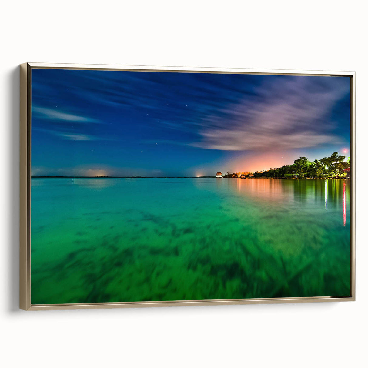Framed canvas wall art depicting a vintage-style Yucatan landscape in black and gold tones, suitable for bedroom decor.
