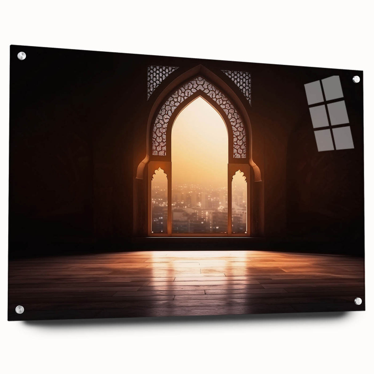 Acrylic print of Dubai skyline in muted earth tones, ideal for dining room decor.