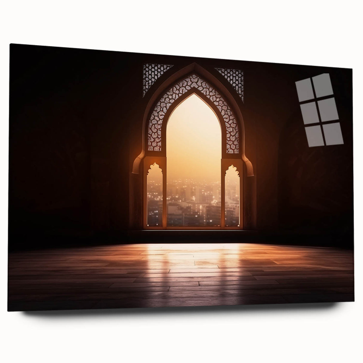 Acrylic print of Dubai skyline in muted gold and blue tones, ideal for bedroom or dining room art.