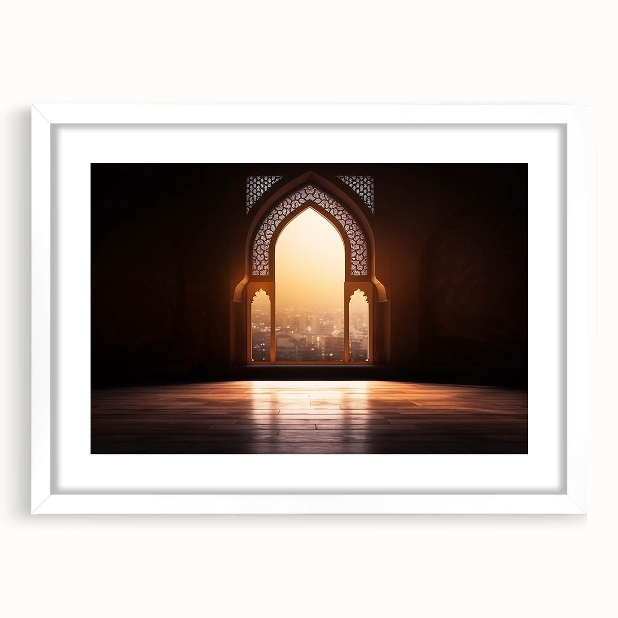Abstract art print of Dubai skyline in muted gray and blue tones on a framed white mat, ideal for dining room art.
