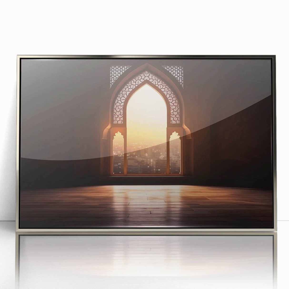 Mid-century modernist art of Dubai skyline in muted silver tones on a framed acrylic, suitable for modern art wall decor.