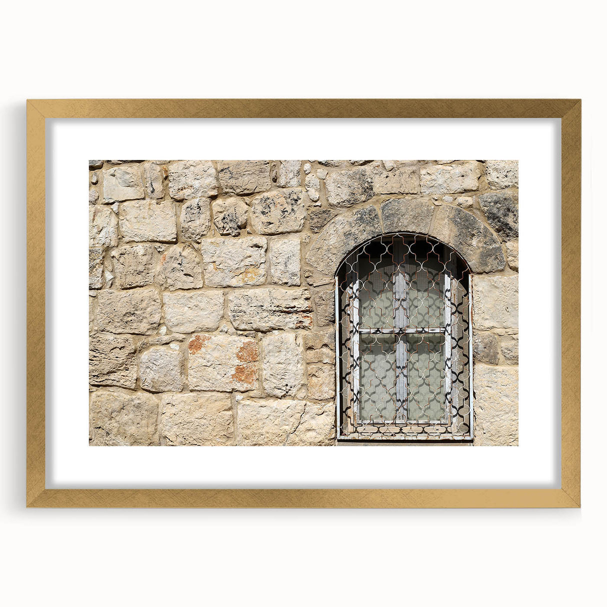 Extra large abstract art print of Tel Aviv skyline in textured gold frame, ideal for living room decor.