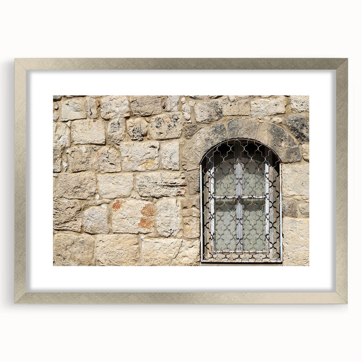 Textured abstract art print of Tel Aviv skyline in muted earth tones on a framed silver mat, suitable for bedroom art.