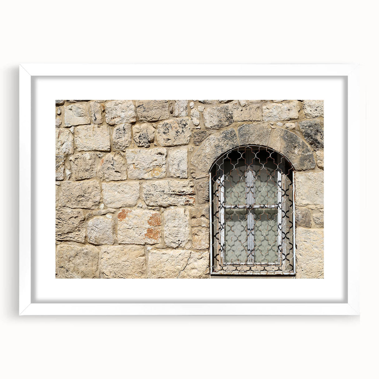 Abstract art print of Tel Aviv skyline in muted blue and beige tones on a framed white mat, suitable for dining room decor.