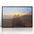 Large abstract wall art depicting a Middle Eastern scenery in muted earth tones on a framed acrylic.