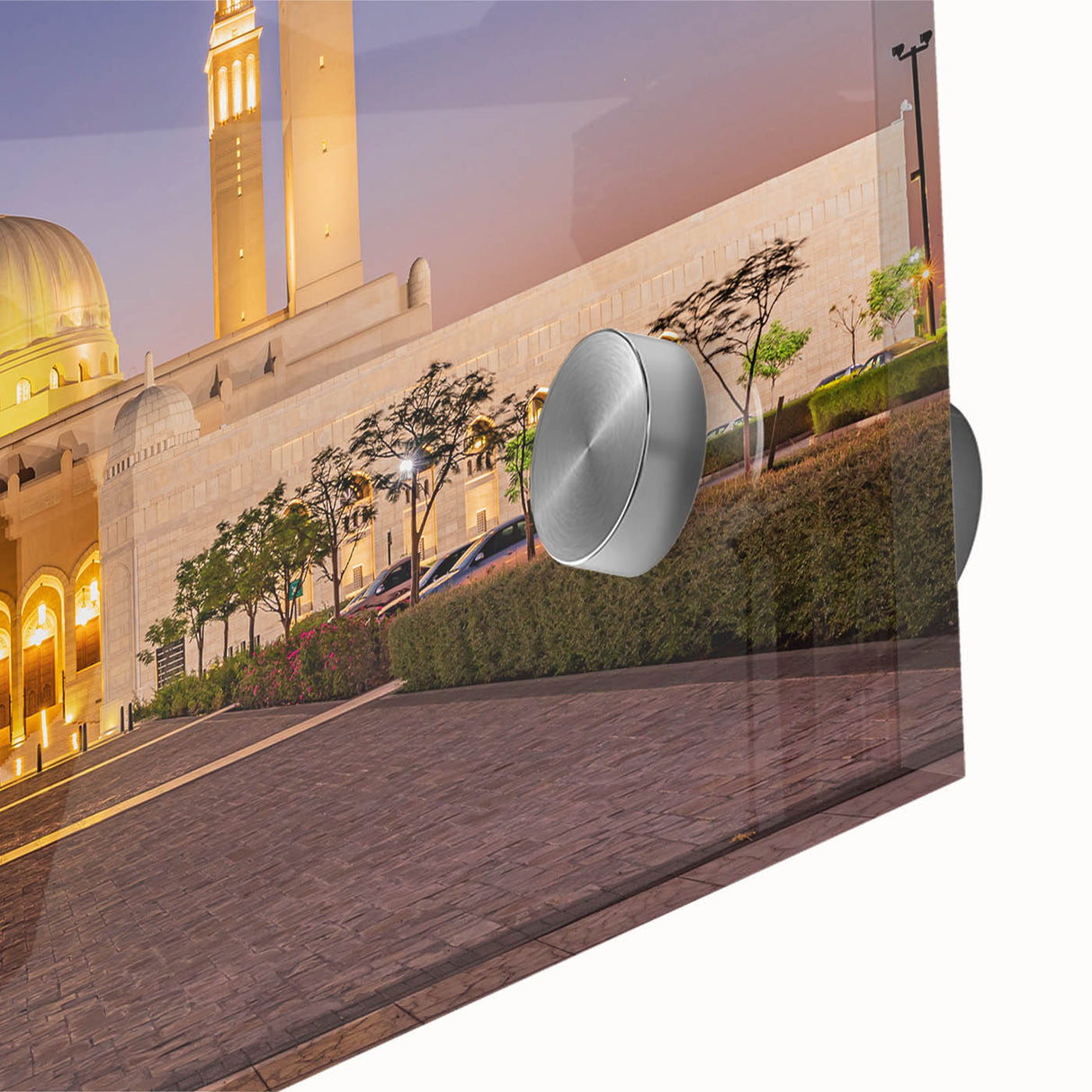 Large abstract wall art depicting the Middle Eastern scenery of Oman in mid-century modernist style, on acrylic glass.