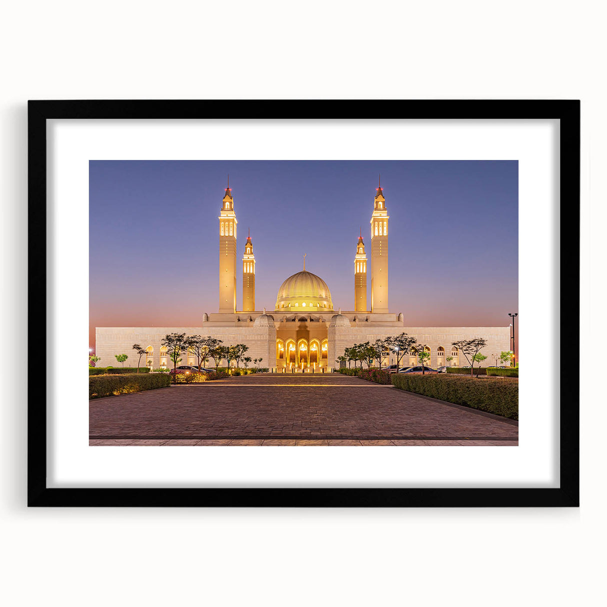Extra large colorful abstract art print of Middle Eastern scenery on textured canvas, framed in black.