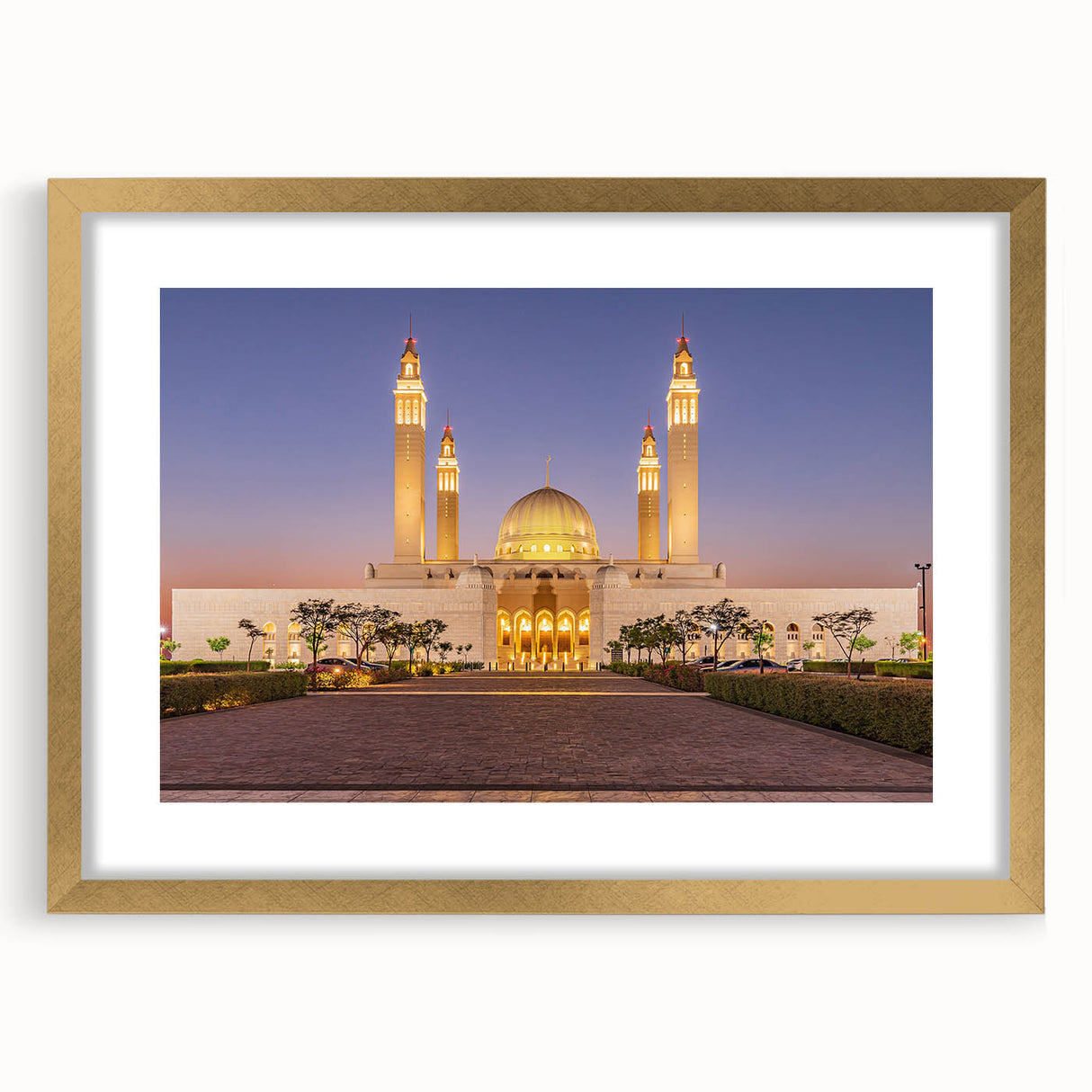 Extra large abstract art print depicting a textured Middle Eastern scenery in gold and earth tones, framed with a mat.