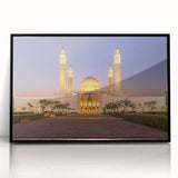 Large abstract wall art featuring a minimalist Middle Eastern Oman scenery in muted earth tones on a framed acrylic panel.
