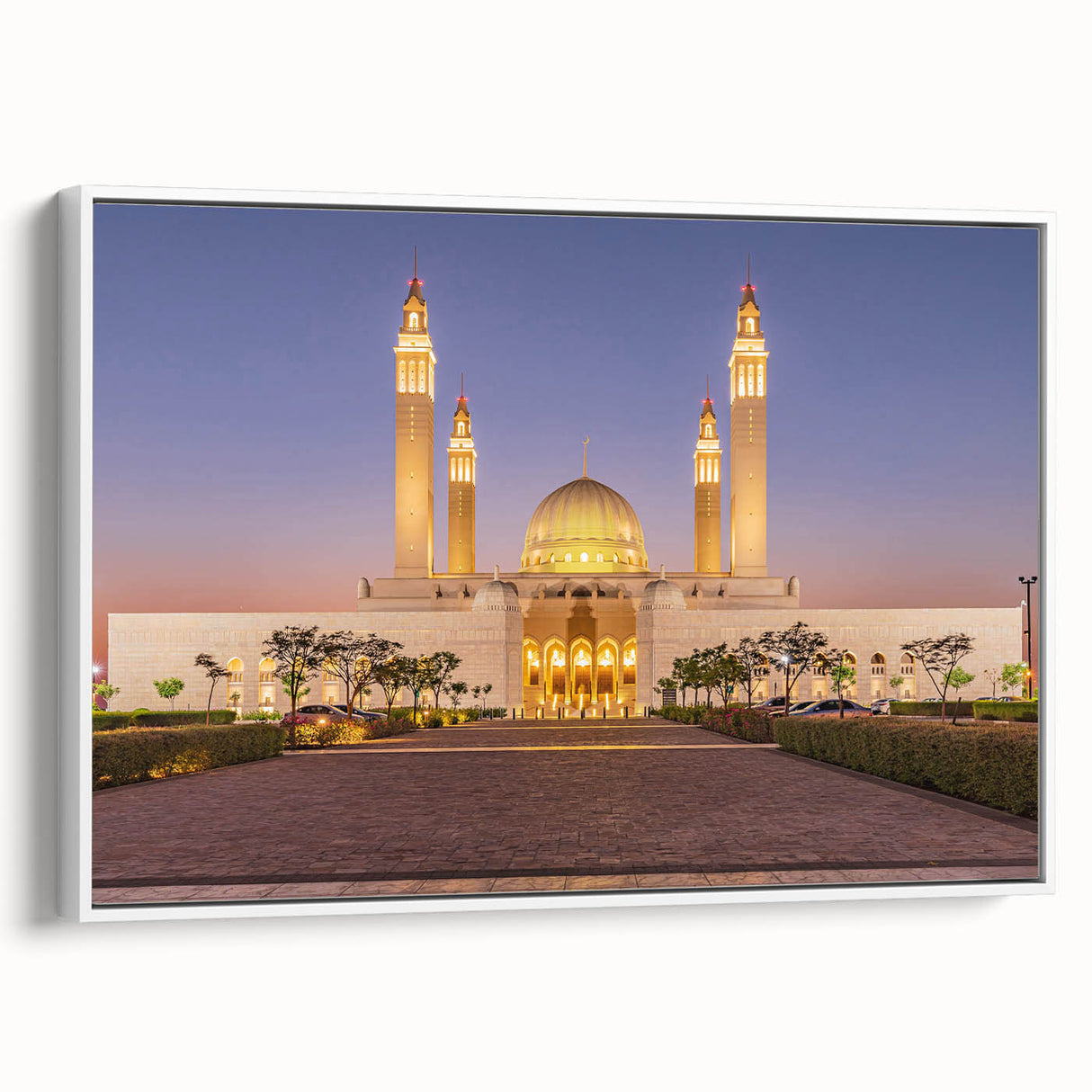 Vintage poster art of a Middle Eastern landscape on framed canvas, featuring a vibrant color palette.