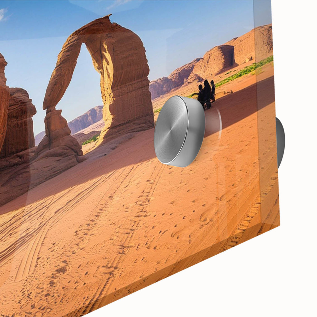 Large abstract wall art depicting Saudi Arabian scenery in muted earth tones on acrylic glass.