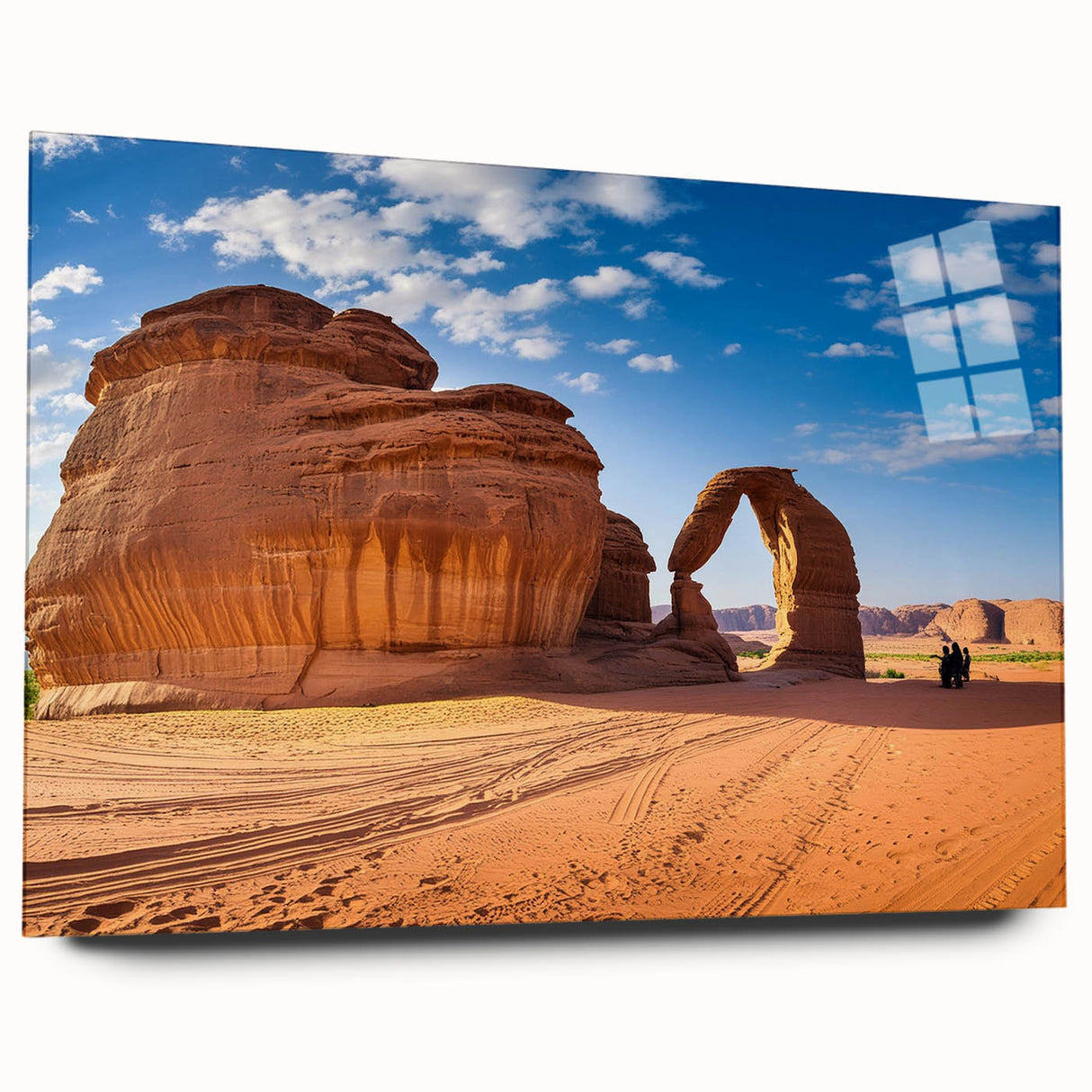 Large abstract wall art of a Saudi Arabian landscape in muted earth tones on acrylic glass.